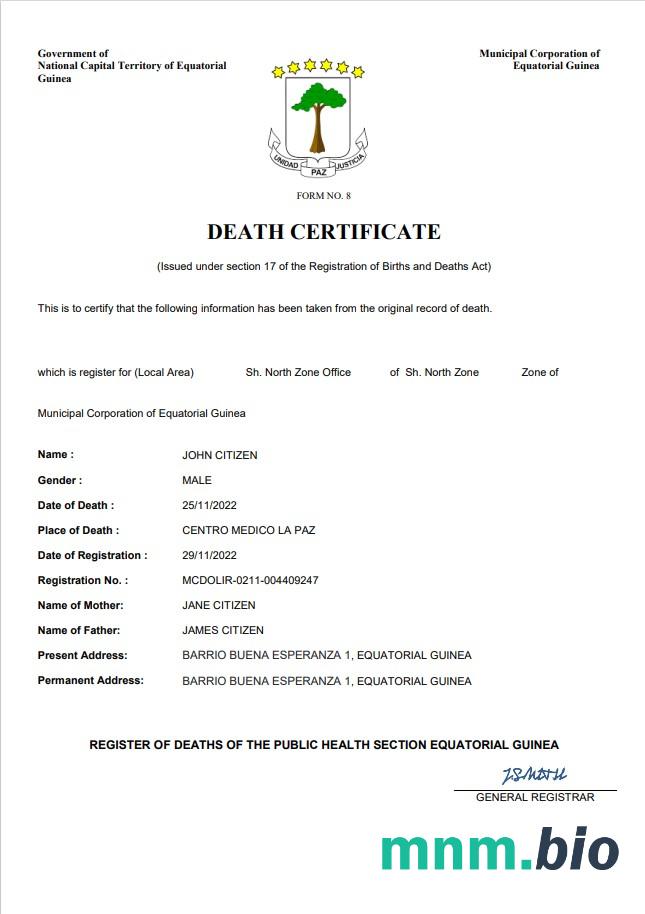 Equatorial Guinea śmierć certyfikat Word i PDF szablon